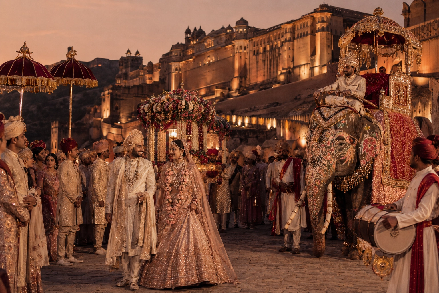 Royal Indian destination wedding at Amber Fort Jaipur featuring a groom arriving on a decorated elephant, bride in a traditional palanquin, magnificent palace architecture, and a luxurious dusk wedding procession in Rajasthan.