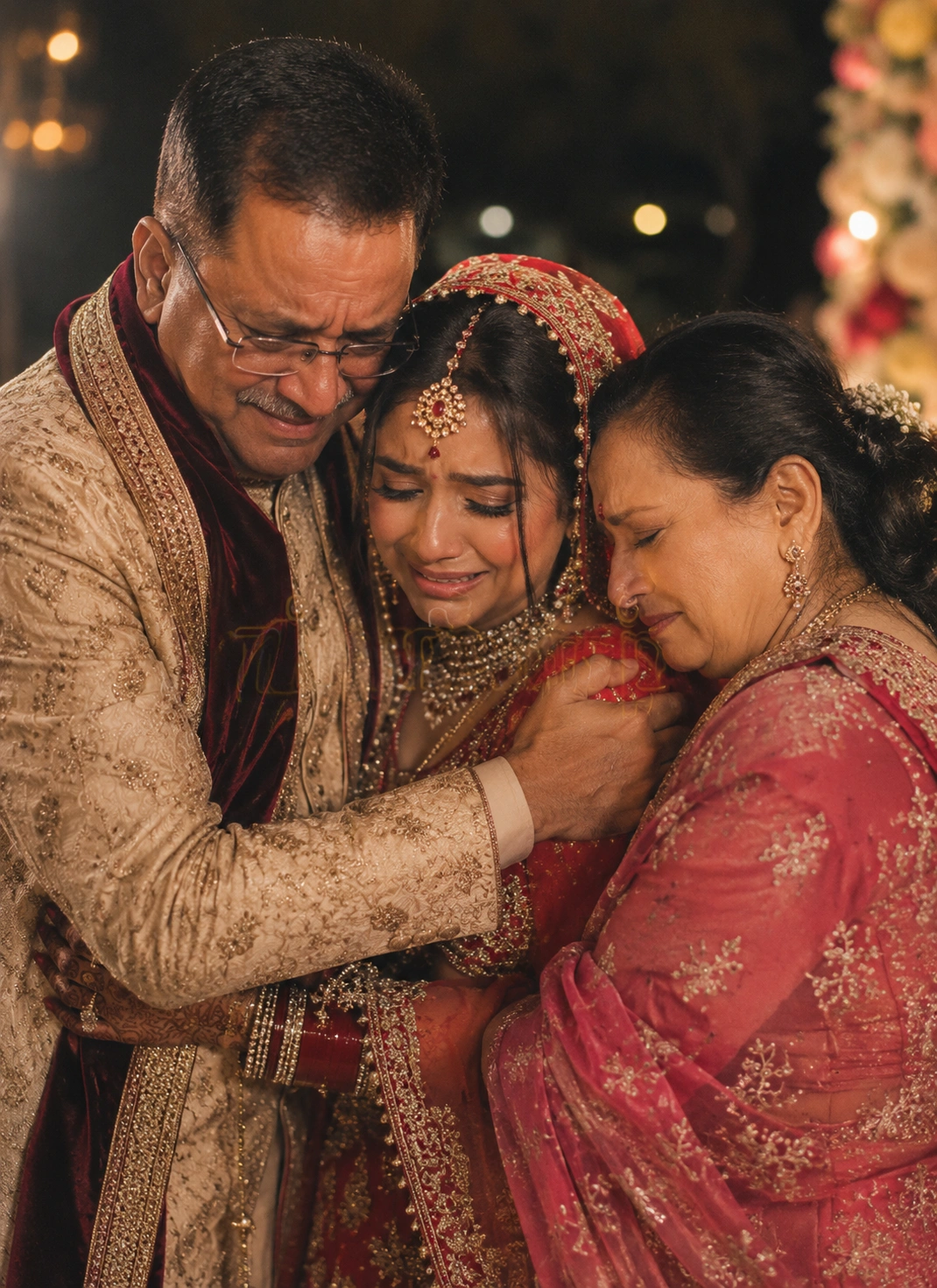 Emotional Vidai farewell moment capturing an Indian bride embracing her parents with tears during a luxury destination wedding, beautifully documented by Lotus Grandeure.