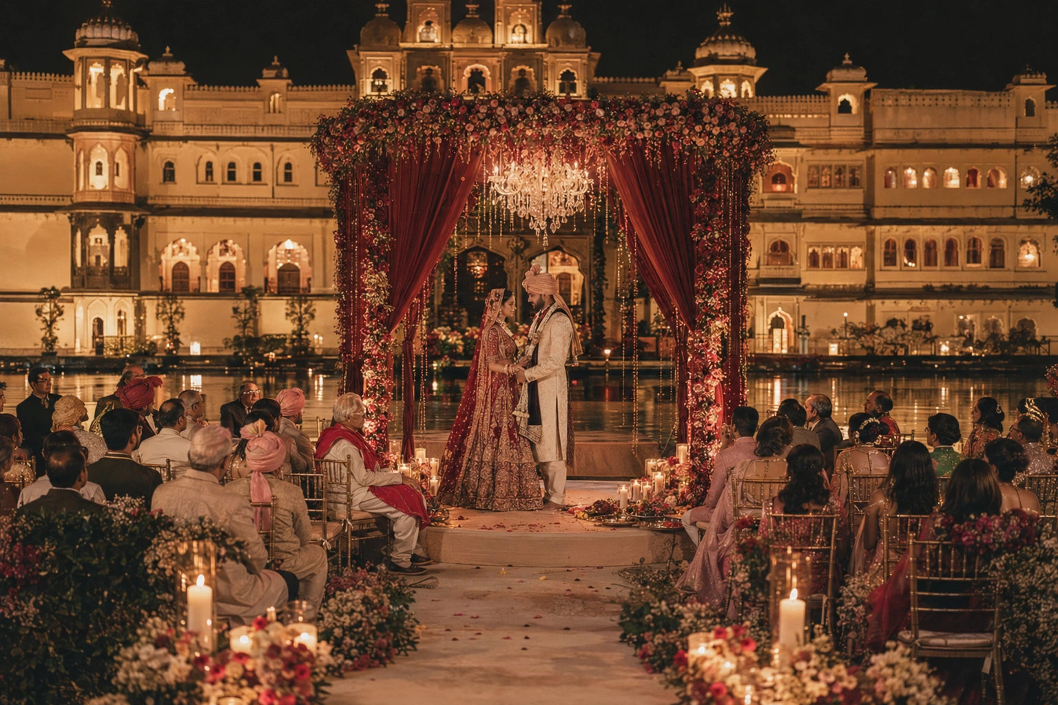 Royal lakeside destination wedding at City Palace Udaipur with an elegant palace mandap, illuminated evening celebrations, Indian bride and groom, and a luxurious heritage wedding overlooking Lake Pichola.
