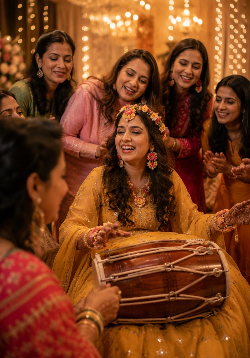 Vibrant Dholki celebration featuring Indian women singing, dancing, and playing traditional dhol during a joyful pre-wedding ceremony at a luxury Indian wedding.
