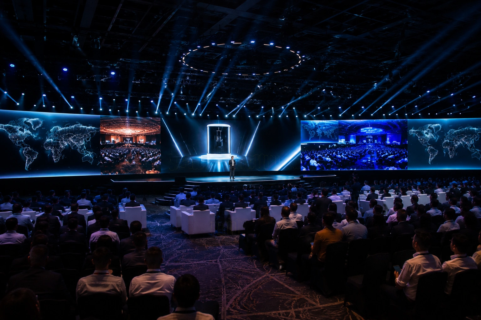 Fortune 500 technology product launch in Mumbai featuring a state-of-the-art stage, synchronized global broadcast, immersive LED displays, and a luxury corporate event managed by Lotus Grandeure.