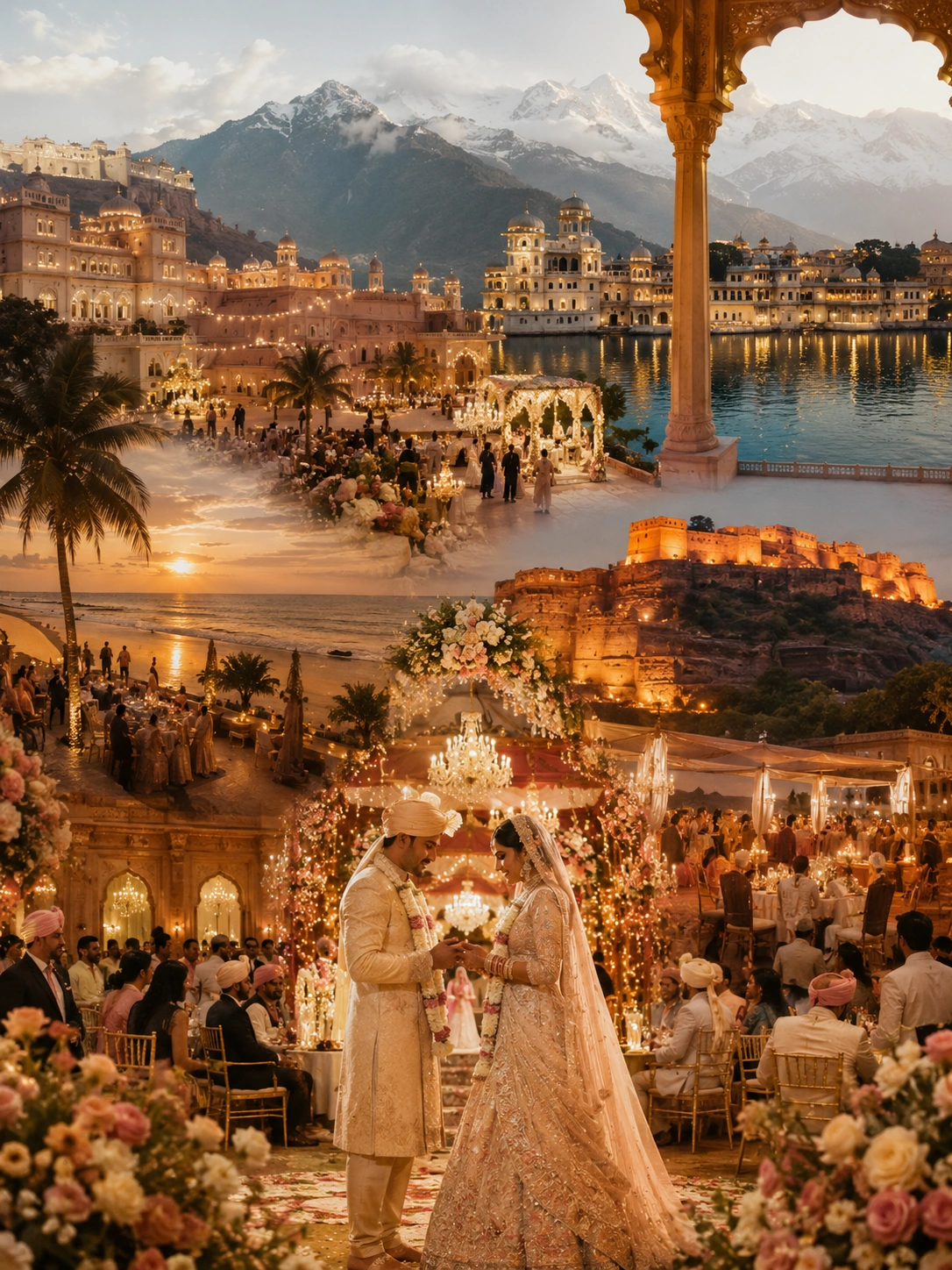 Ultra-luxury Indian destination wedding at a magnificent palace venue blending royal forts, serene lakes, coastal landscapes, and Himalayan backdrops with elegant floral décor, creating a cinematic celebration that showcases Lotus Grandeuré's bespoke destination wedding expertise across India's most breathtaking locations