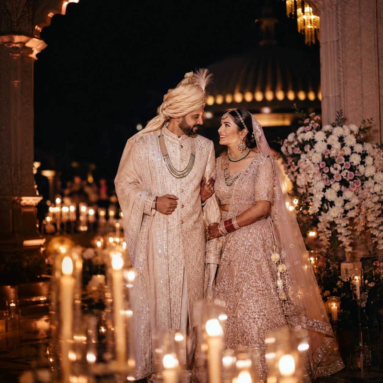 Super realistic candid portrait of an Indian bride and groom sharing an intimate wedding moment at a luxury celebration, captured with natural lighting and DSLR-style depth, showcasing timeless elegance, authentic emotion, and bespoke craftsmanship by Lotus Grandeuré