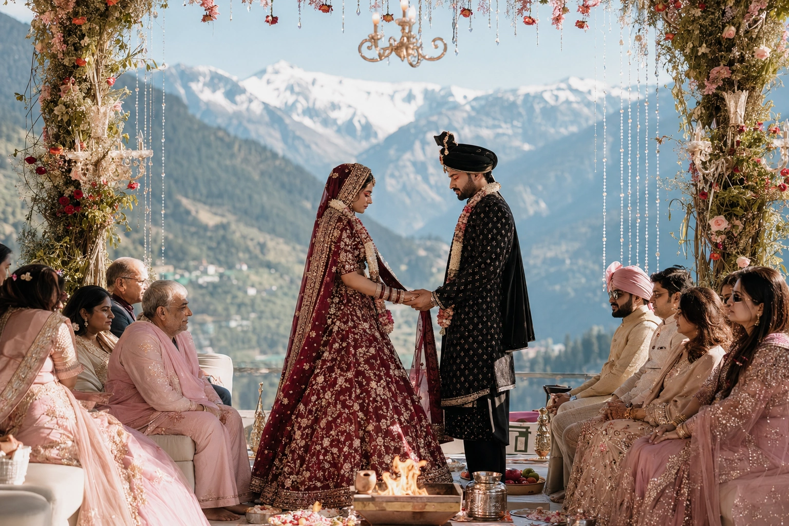 Intimate luxury destination wedding in Kullu Valley beneath snow-covered Himalayan peaks featuring an Indian bride in a maroon lehenga and groom in a black sherwani during a scenic mountain Hindu wedding ceremony.