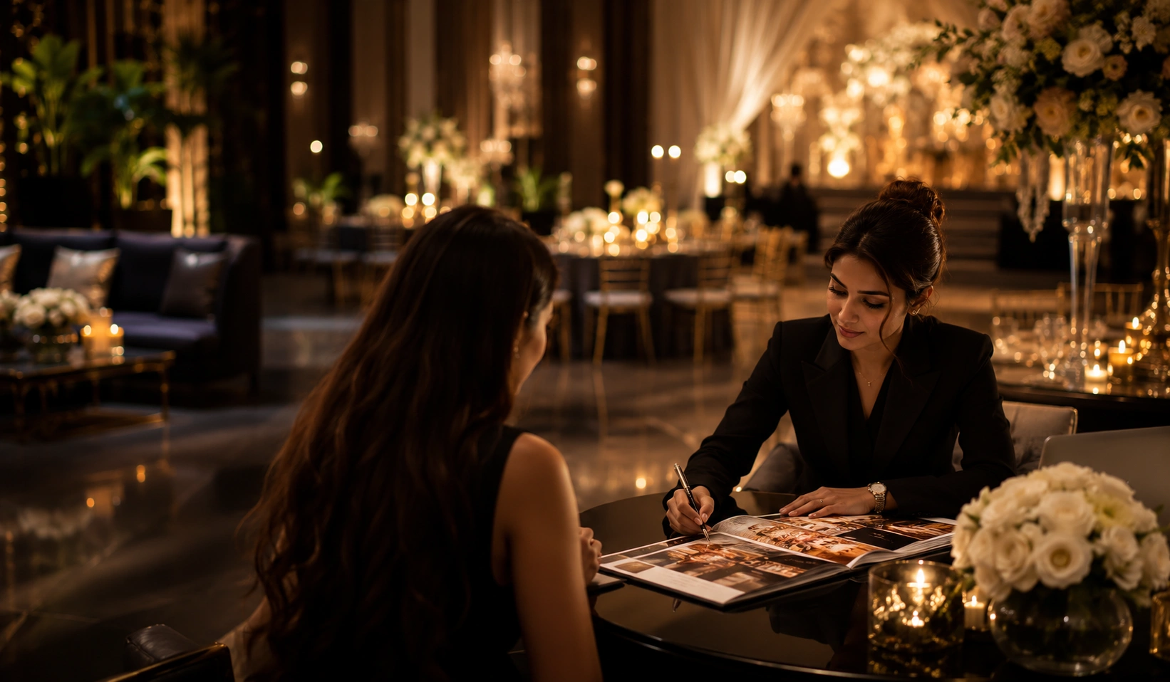 Luxury event concierge consultation by Lotus Grandeure featuring a dedicated event specialist planning a bespoke wedding or private celebration in an elegant luxury venue, showcasing premium event planning, destination weddings, corporate events, and unforgettable celebrations with personalized hospitality.