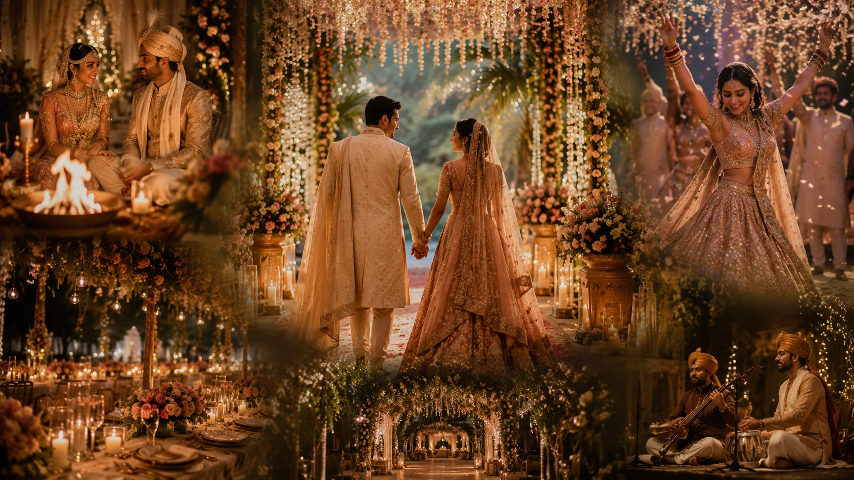 Cinematic luxury Indian wedding archive showcasing bespoke celebrations, elegant floral décor, authentic wedding rituals, emotional couple portraits, live cultural performances, and timeless event designed by Lotus Grandeuré