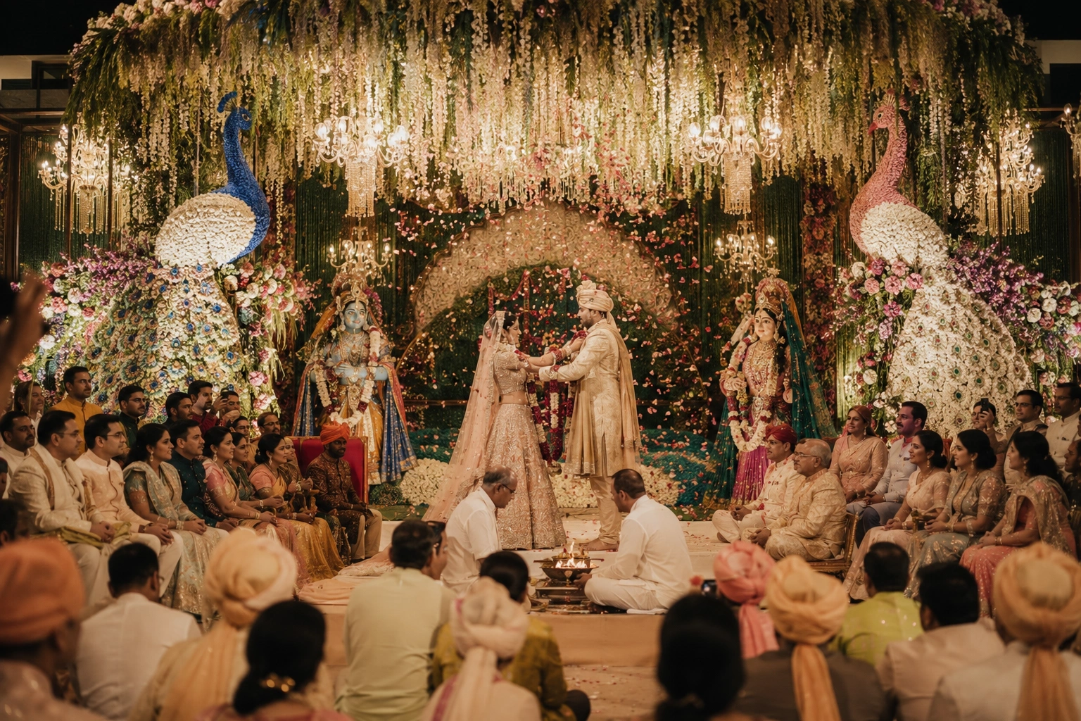 Radha Krishna inspired luxury Indian wedding featuring devotional celebrations, an extraordinary forty-foot floral installation, and an emotional Varmala ceremony with beautifully dressed Indian bride and groom in a grand floral setting.
