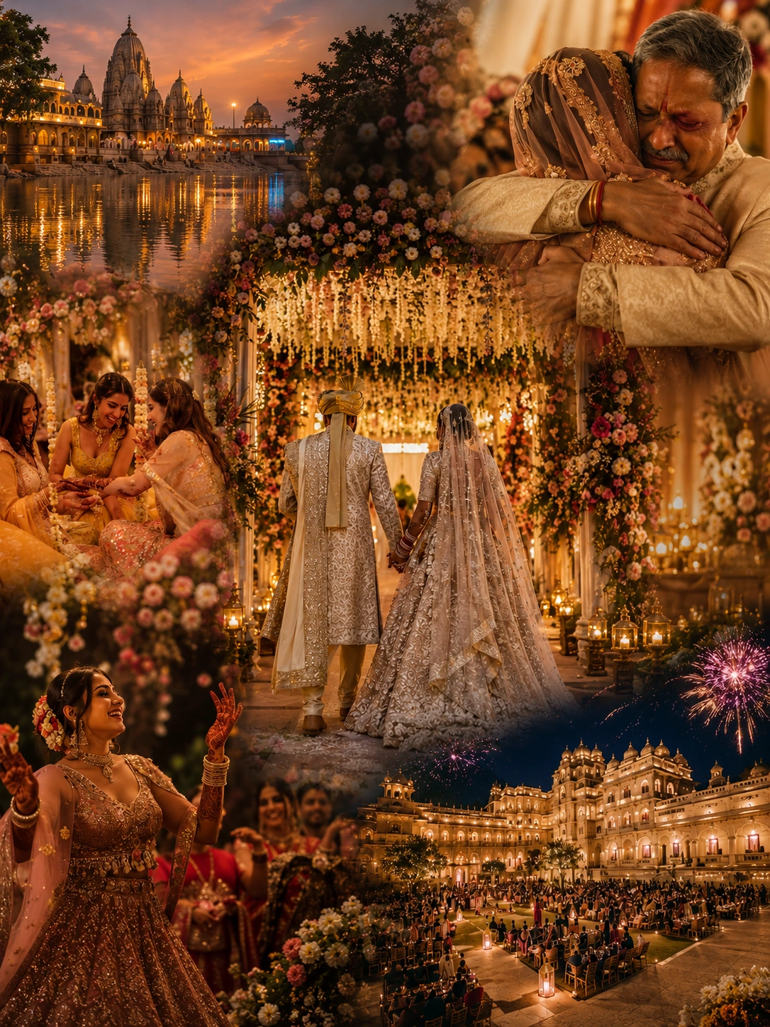 Lotus Grandeuré royal Indian wedding featuring a luxurious floral mandap, Mehendi ceremony, emotional Vidai, grand palace celebration, and sacred wedding rituals in Vrindavan and Rajasthan, captured in a cinematic ultra-luxury 3:4 hero banner with natural lighting and authentic Indian elegance
