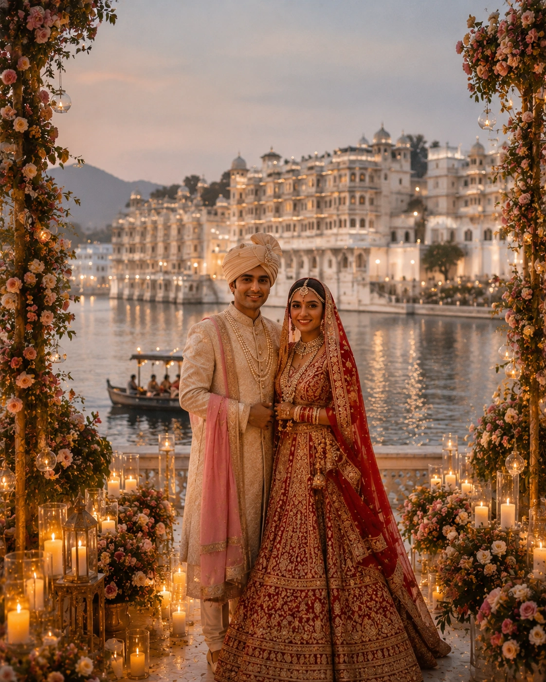 Luxury destination wedding by Lotus Grandeure in Udaipur featuring a romantic bride and groom before a magnificent lake palace, elegant floral décor, candlelit ambience, boat processions, and breathtaking palace views.