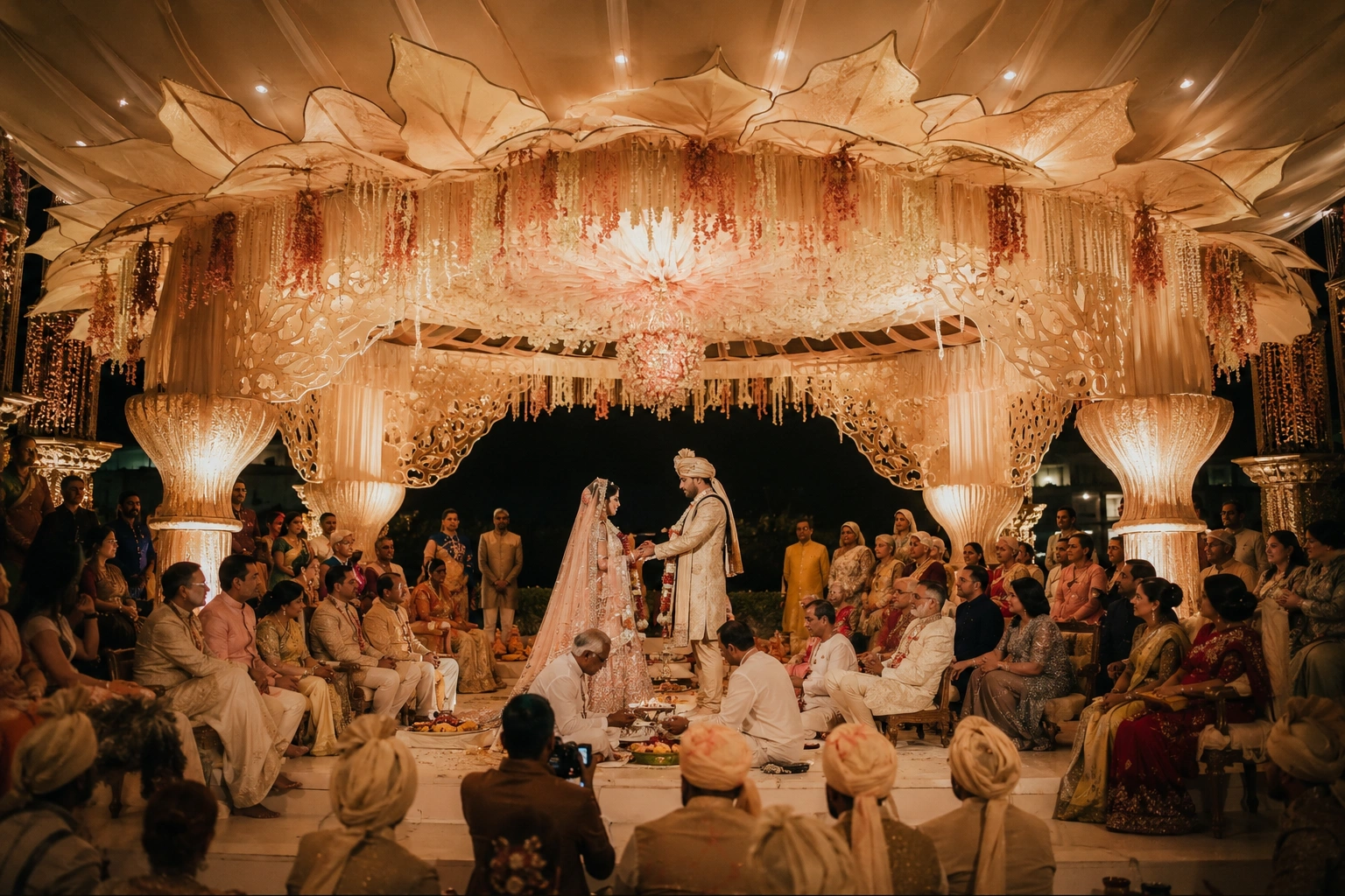 Sacred luxury Indian wedding beneath a thousand-petal floral mandap on the holy Yamuna Ghats in Vrindavan, featuring an elegant multi-day celebration with Indian bride and groom surrounded by guests during a traditional Hindu wedding ceremony.