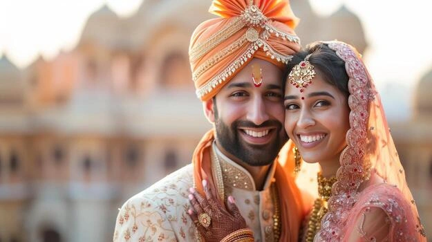 Cinematic luxury wedding couple Aarav and Meera in Udaipur by Lotus Grandeure featuring regal attire, warm lighting, and opulent decor