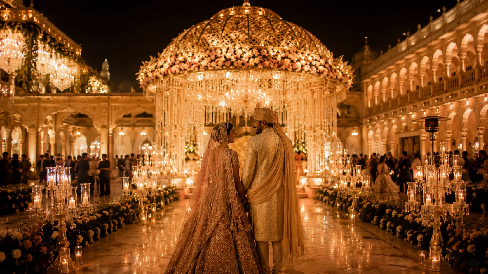 Lotus Grandeure Ultra Luxury Wedding Management presents a breathtaking royal Indian wedding reception featuring a beautifully dressed bride and groom beneath an opulent crystal and floral pavilion, surrounded by candlelit décor, bespoke luxury styling, and timeless architectural grandeur, showcasing world-class destination wedding planning and unforgettable celebrations