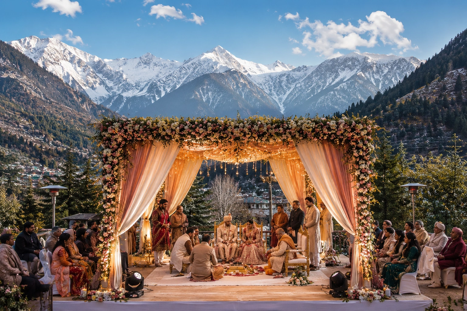 Lotus Grandeuré luxury destination wedding in Manali — snow-capped Himalayan mountain wedding with an open-air floral arch ceremony, riverside meadow setting, golden décor, and majestic Kullu valley backdrop