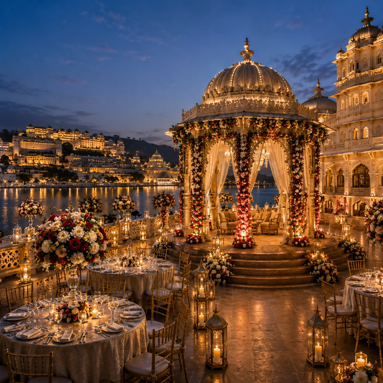 Lotus Grandeuré luxury destination wedding in Udaipur — Indian bride and groom at a royal palace ceremony with palatial white arches, wedding guests in traditional attire, and a Rajasthani lake city backdrop