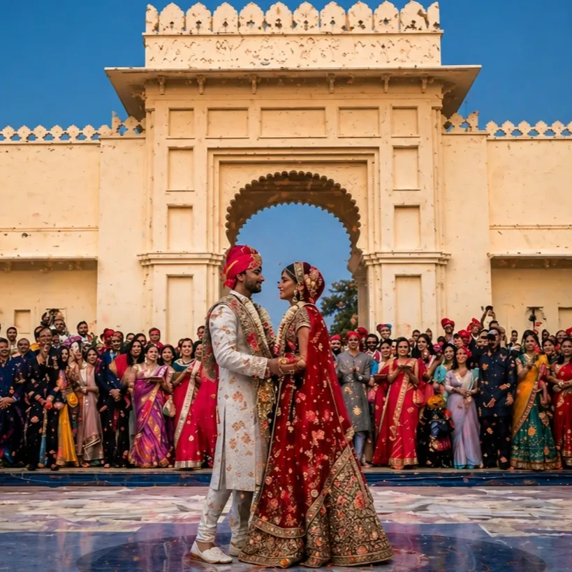 Royal destination wedding in Udaipur palace by Lotus Grandeure featuring luxury decor, traditional Indian ceremony, and grand heritage venue