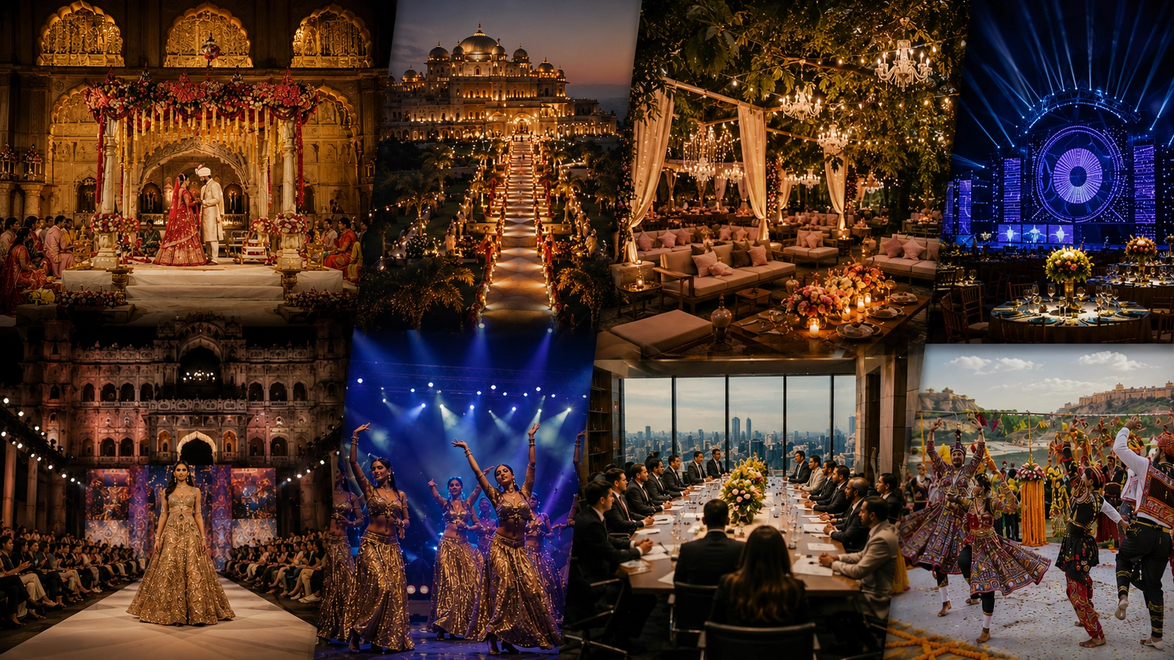 Lotus Grandeure ultra luxury Indian event management hero banner showcasing royal weddings, destination celebrations, private soirées, corporate affairs, brand activations, entertainment curation, and cultural celebrations in iconic Indian venues with elegant décor and cinematic realism