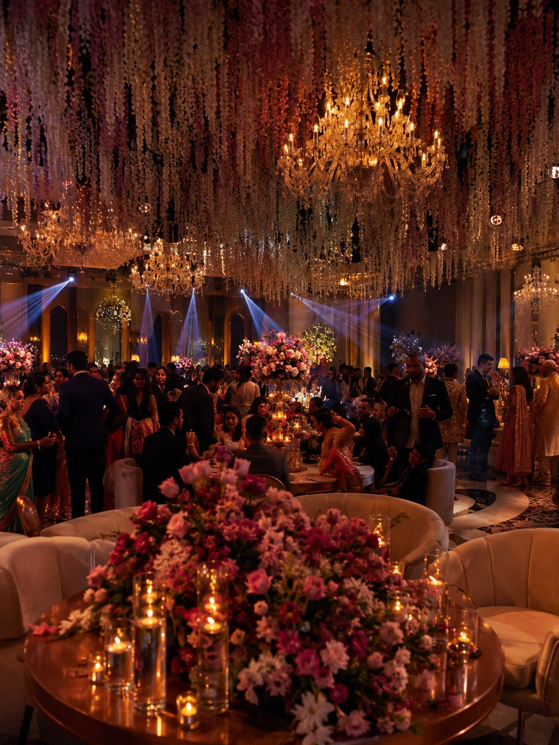 Ultra-luxury private soirée in a grand Indian banquet hall featuring elegantly dressed guests, lavish floral décor, warm ambient lighting, refined table styling, and an intimate high-end celebration captured with natural Canon DSLR photography, perfect for bespoke birthday, anniversary, and exclusive social events